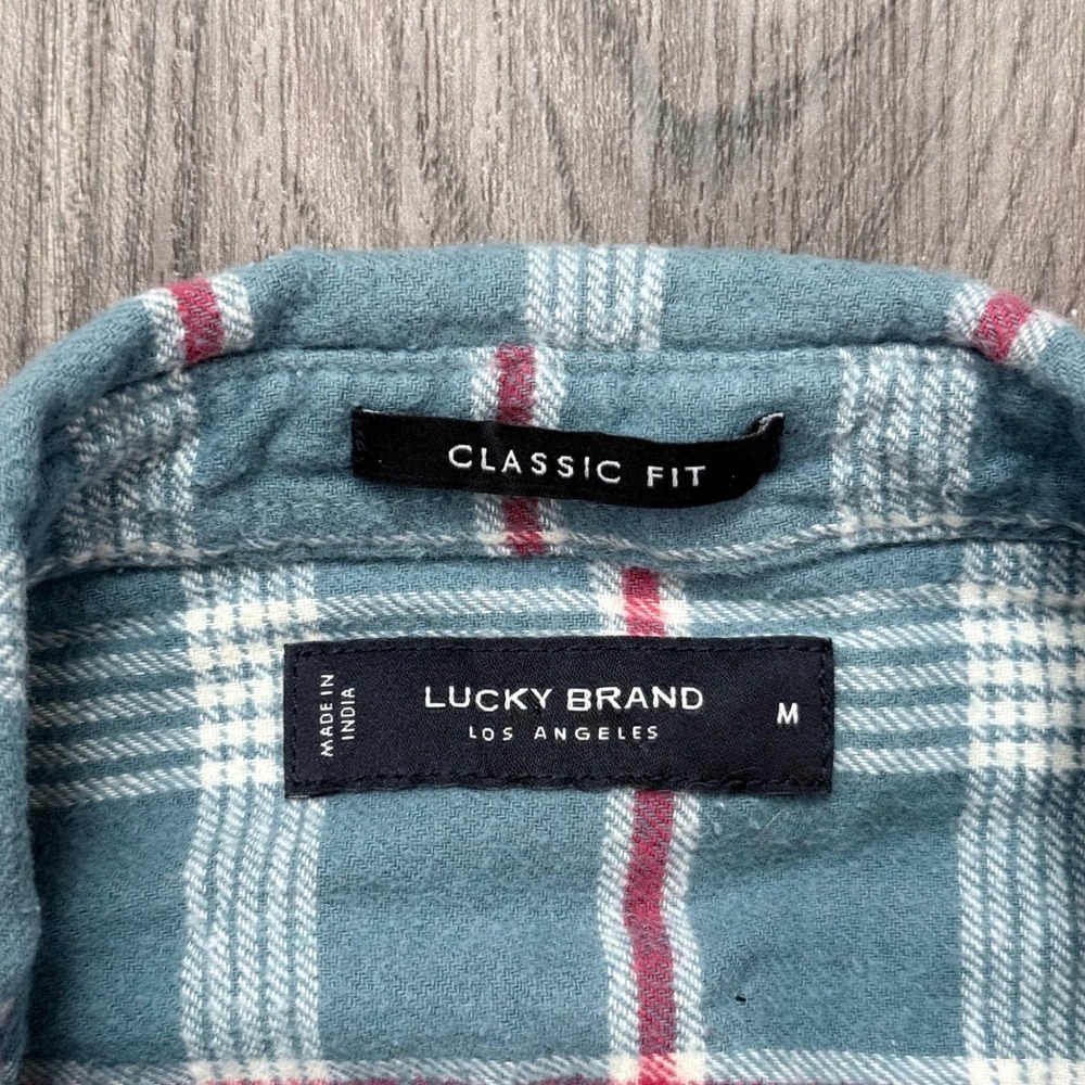 Lucky Brand Classic Fit Plaid Flannel Shirt Medium Blue Red White Long Sleeve - Picture 4 of 9
